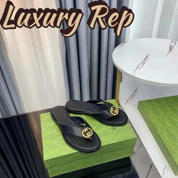 Replica Gucci Unisex GG Interlocking G Thong Sandal Black Leather Flat 3