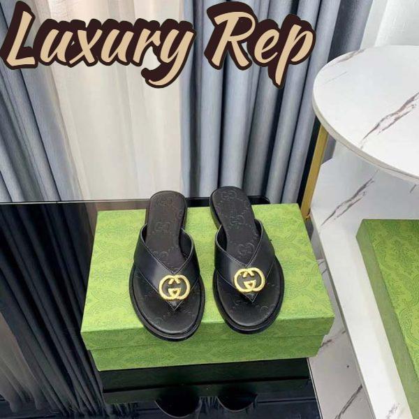 Replica Gucci Unisex GG Interlocking G Thong Sandal Black Leather Flat 4