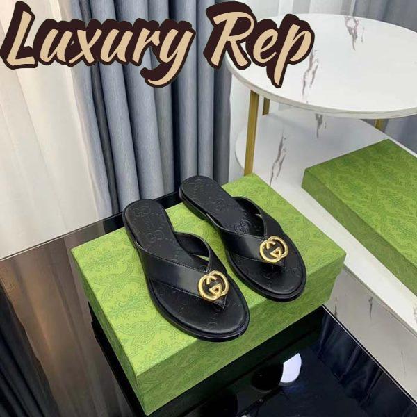 Replica Gucci Unisex GG Interlocking G Thong Sandal Black Leather Flat 5