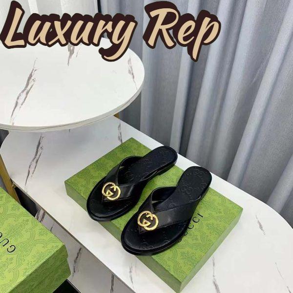 Replica Gucci Unisex GG Interlocking G Thong Sandal Black Leather Flat 6