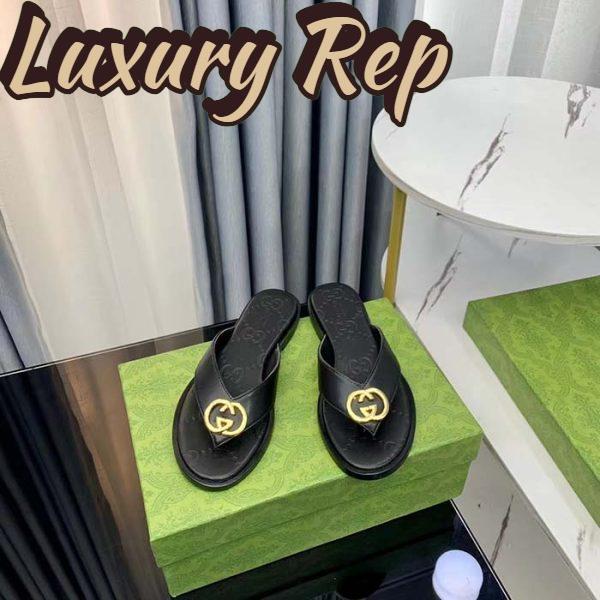 Replica Gucci Unisex GG Interlocking G Thong Sandal Black Leather Flat 7