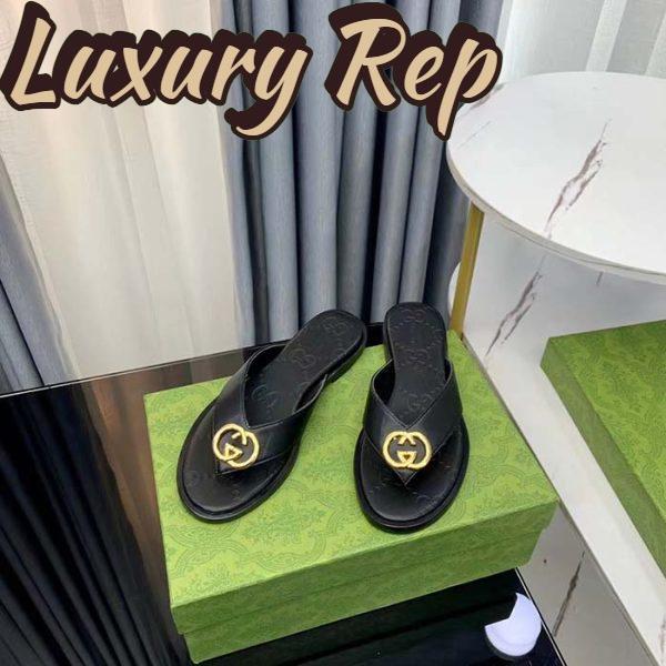 Replica Gucci Unisex GG Interlocking G Thong Sandal Black Leather Flat 8