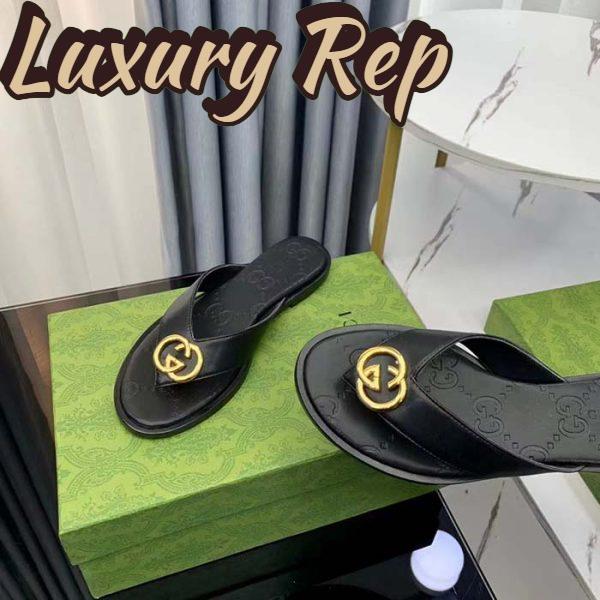 Replica Gucci Unisex GG Interlocking G Thong Sandal Black Leather Flat 9