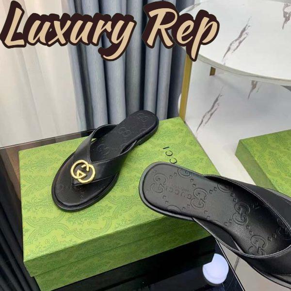 Replica Gucci Unisex GG Interlocking G Thong Sandal Black Leather Flat 10