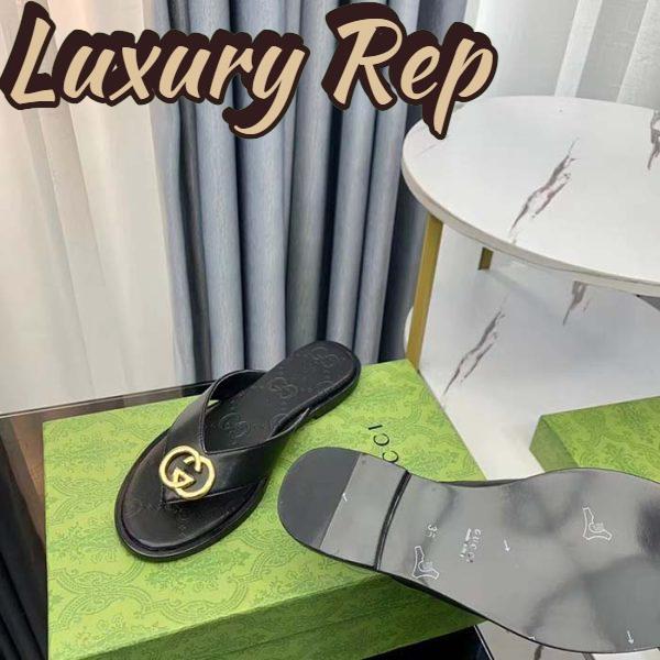 Replica Gucci Unisex GG Interlocking G Thong Sandal Black Leather Flat 11