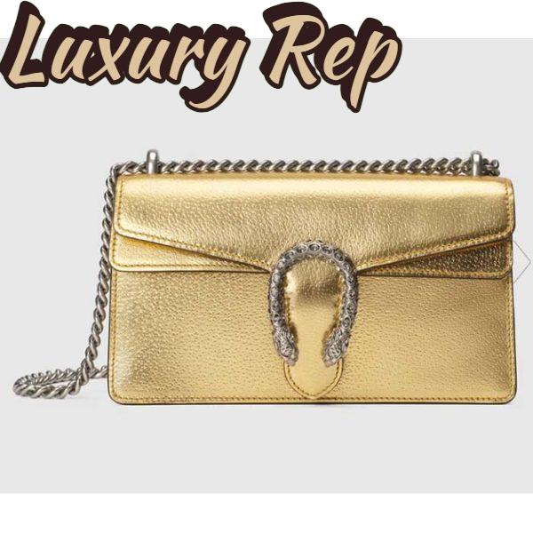 Replica Gucci Women Dionysus Small Shoulder Bag Gold Lamé Leather Tiger Head