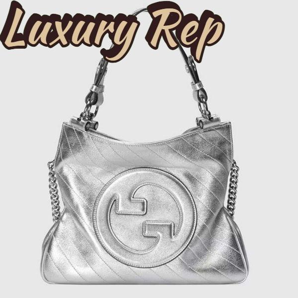 Replica Gucci Women GG Blondie Small Tote Bag Silver Lamé Leather Round Interlocking G 2