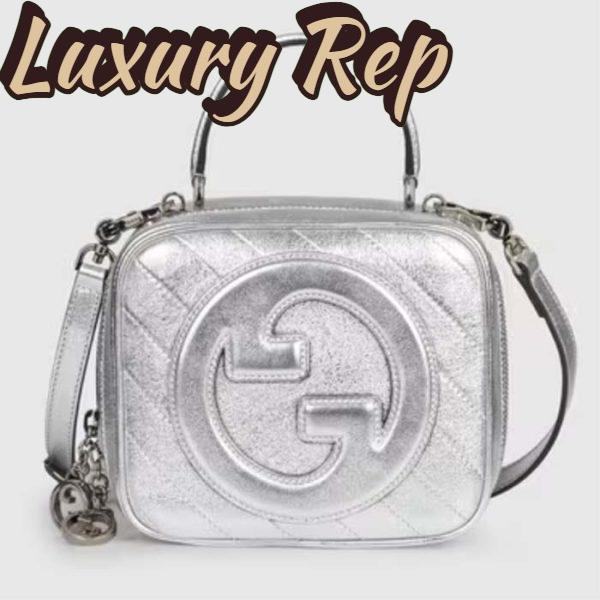 Replica Gucci Women GG Blondie Top Handle Bag Metallic Silver Leather Round Interlocking G