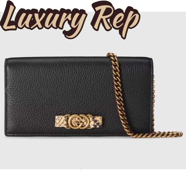 Replica Gucci Women GG Chain Wallet Interlocking G Python Bow Black Leather