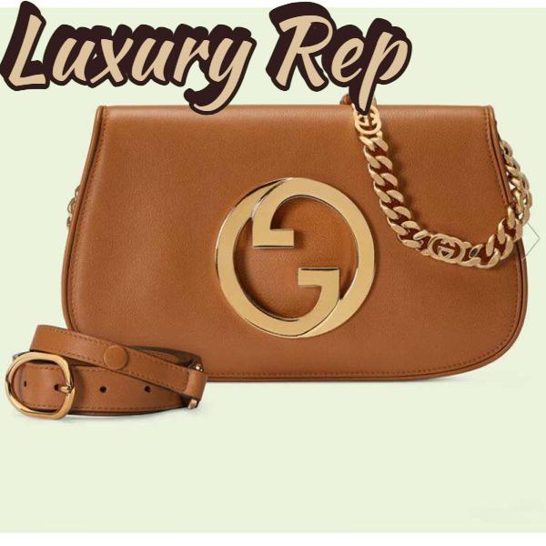 Replica Gucci Women GG Blondie Shoulder Bag Brown Leather Round Interlocking G