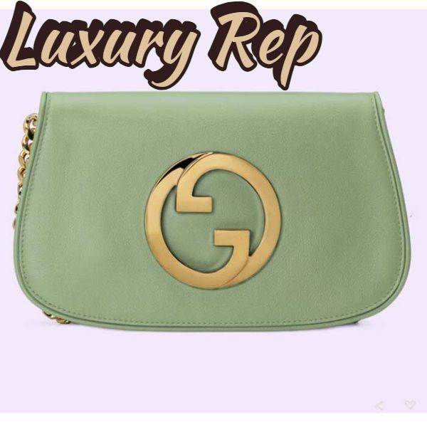 Replica Gucci Women GG Blondie Shoulder Bag Green Leather Round Interlocking G