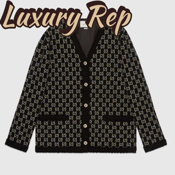 Replica Gucci Women Wool GG Jacquard Cardigan Black V-Neck Sweater