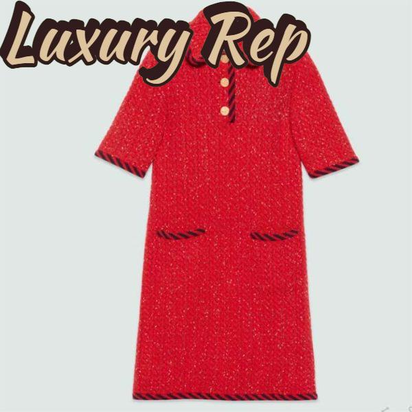 Replica Gucci Women GG Cable Stitch Wool Dress Red Polo Collar Short Sleeves