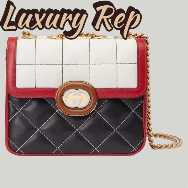 Replica Gucci Women GG Deco Mini Shoulder Bag Black White Quilted Leather Interlocking G