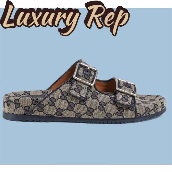 Replica Gucci Unisex GG Slide Sandal Blue Beige Original GG Canvas Rubber Sole Flat
