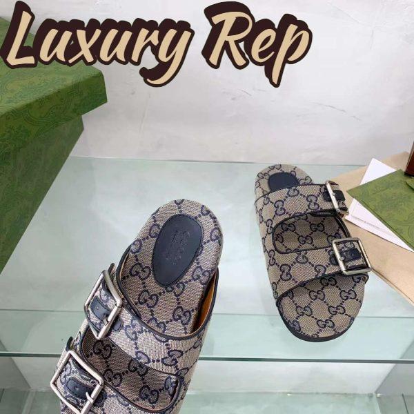 Replica Gucci Unisex GG Slide Sandal Blue Beige Original GG Canvas Rubber Sole Flat 8
