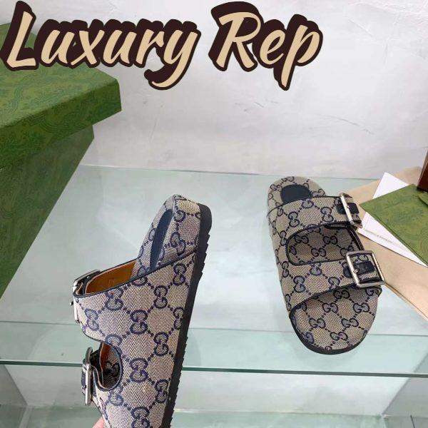 Replica Gucci Unisex GG Slide Sandal Blue Beige Original GG Canvas Rubber Sole Flat 10