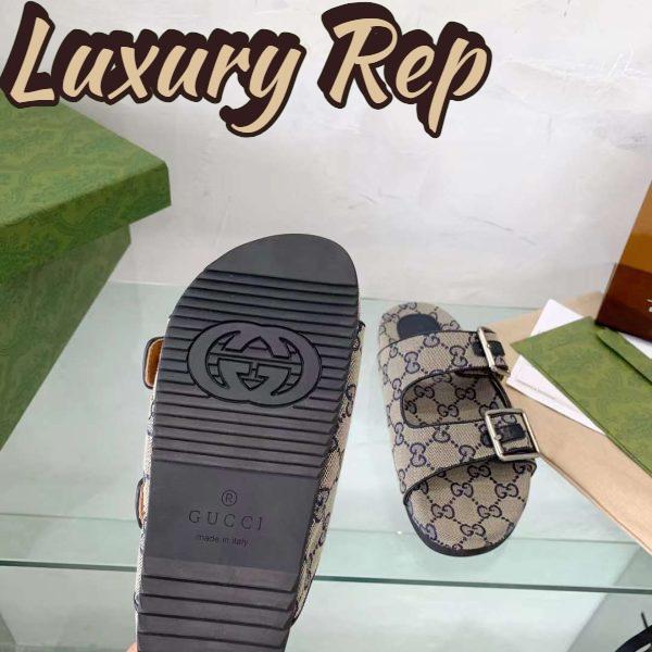 Replica Gucci Unisex GG Slide Sandal Blue Beige Original GG Canvas Rubber Sole Flat 11