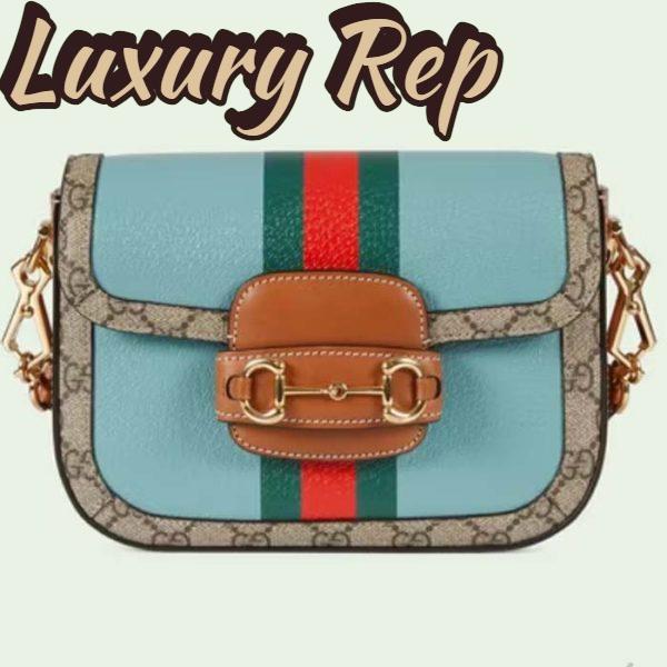 Replica Gucci Women GG Horsebit 1955 Mini Bag Blue Leather Beige Ebony Supreme Canvas
