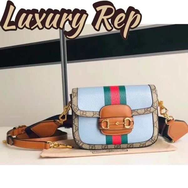 Replica Gucci Women GG Horsebit 1955 Mini Bag Blue Leather Beige Ebony Supreme Canvas 3
