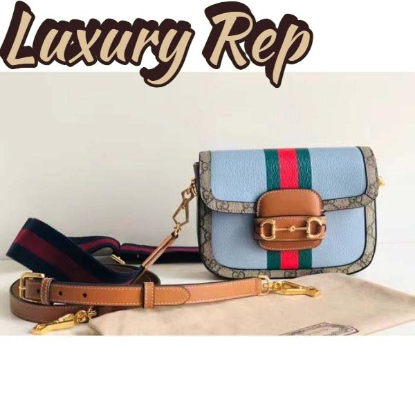 Replica Gucci Women GG Horsebit 1955 Mini Bag Blue Leather Beige Ebony Supreme Canvas 4