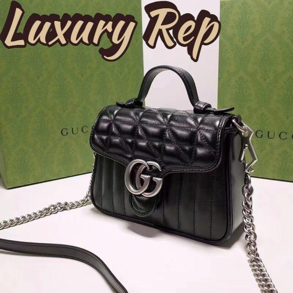Replica Gucci Women GG Marmont Mini Top Handle Bag Black Matelassé Leather Double G 4