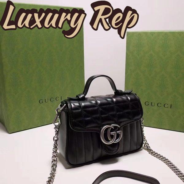Replica Gucci Women GG Marmont Mini Top Handle Bag Black Matelassé Leather Double G 6