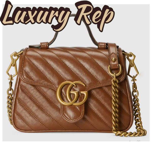 Replica Gucci Women GG Marmont Mini Top Handle Bag Brown Matelassé Leather