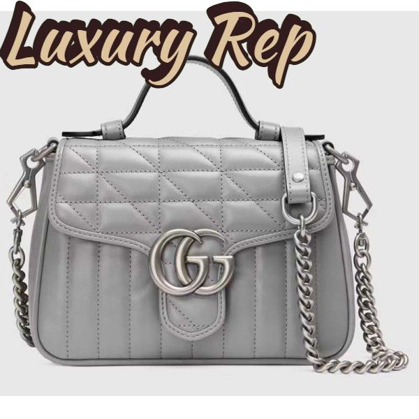 Replica Gucci Women GG Marmont Mini Top Handle Bag Grey Matelassé Leather Double G 2