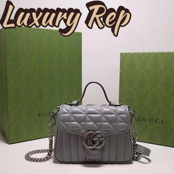 Replica Gucci Women GG Marmont Mini Top Handle Bag Grey Matelassé Leather Double G 3