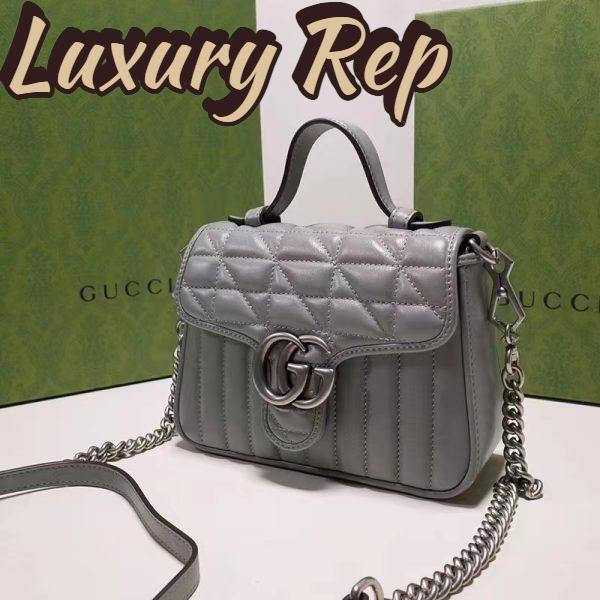 Replica Gucci Women GG Marmont Mini Top Handle Bag Grey Matelassé Leather Double G 4