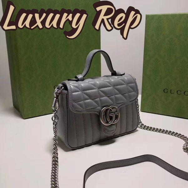 Replica Gucci Women GG Marmont Mini Top Handle Bag Grey Matelassé Leather Double G 6