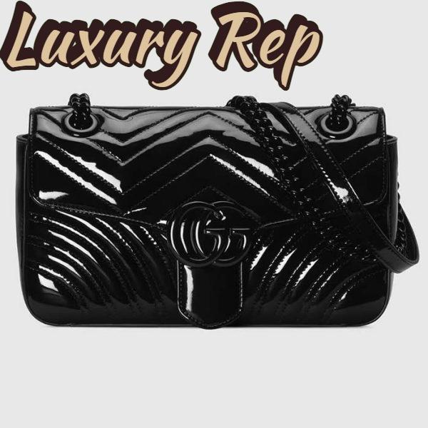 Replica Gucci Women GG Marmont Patent Small Shoulder Bag Black Matelassé Chevron Leather