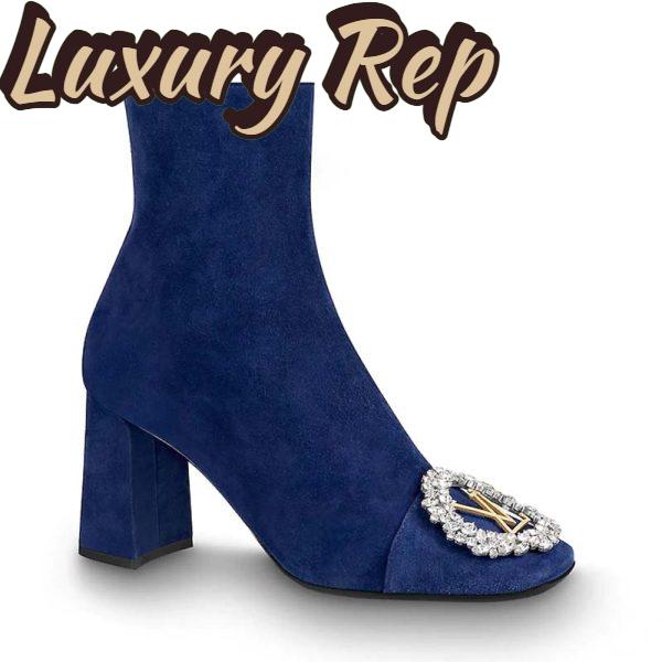 Replica Louis Vuitton LV Women Madeleine Ankle Boot in Suede Baby Goat Leather 7.5 cm Heel-Blue