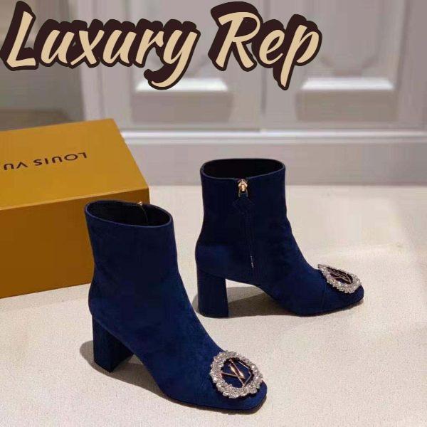 Replica Louis Vuitton LV Women Madeleine Ankle Boot in Suede Baby Goat Leather 7.5 cm Heel-Blue 4