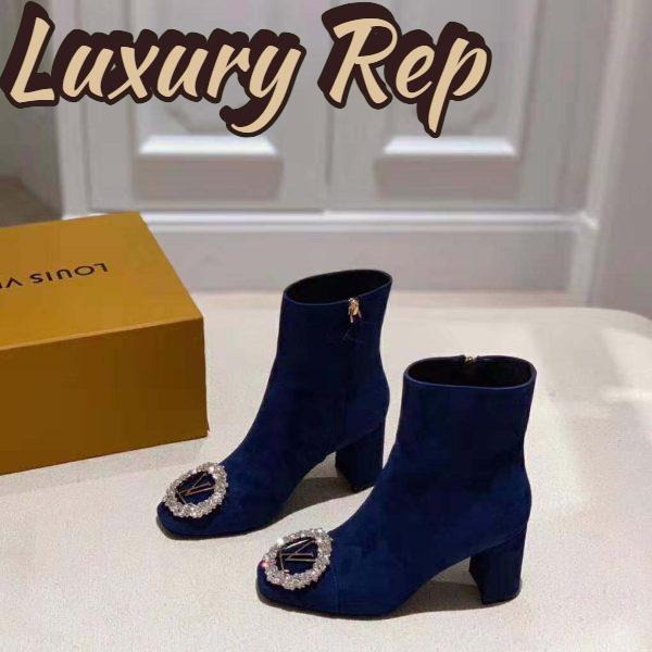 Replica Louis Vuitton LV Women Madeleine Ankle Boot in Suede Baby Goat Leather 7.5 cm Heel-Blue 5