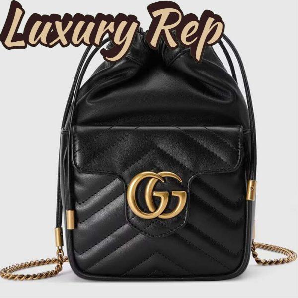 Replica Gucci Women GG Marmont Mini Bucket Bag Black Matelassé Chevron Leather Double G