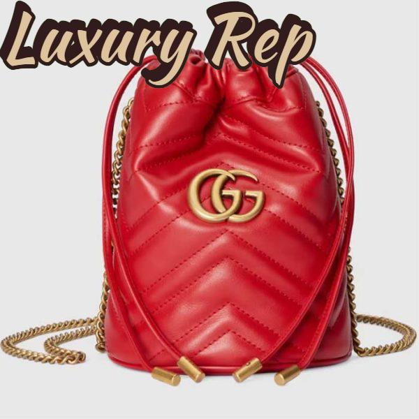 Replica Gucci Women GG Marmont Mini Bucket Bag Red Matelassé Chevron Leather Double G