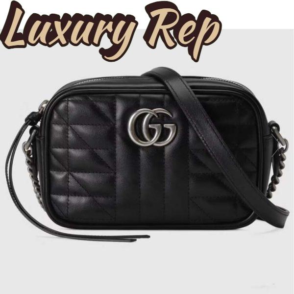 Replica Gucci Women GG Marmont Mini Shoulder Bag Black Matelassé Leather Double G