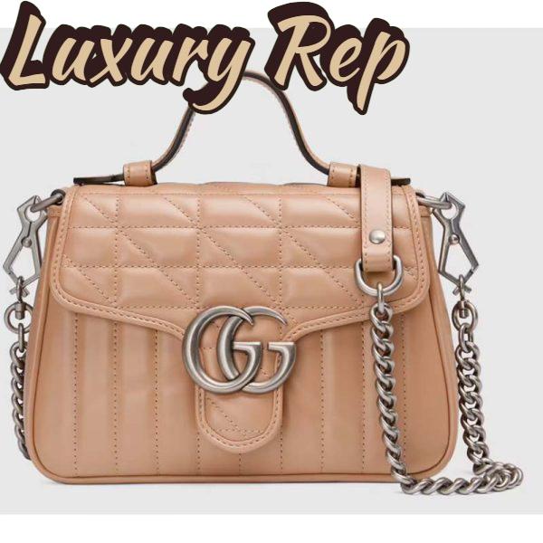 Replica Gucci Women GG Marmont Mini Top Handle Bag Beige Matelassé Leather