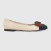 Replica Gucci Women Shoes Leather Ballet Flat with Web Bow 10mm Heel-White