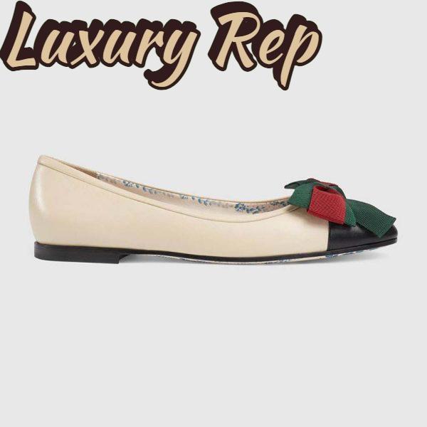 Replica Gucci Women Shoes Leather Ballet Flat with Web Bow 10mm Heel-White