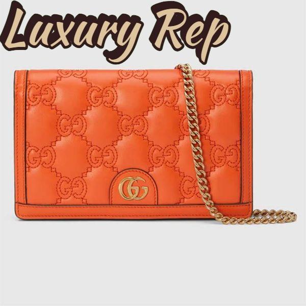 Replica Gucci Women GG Matelassé Chain Wallet Orange Leather Double G Chain Strap