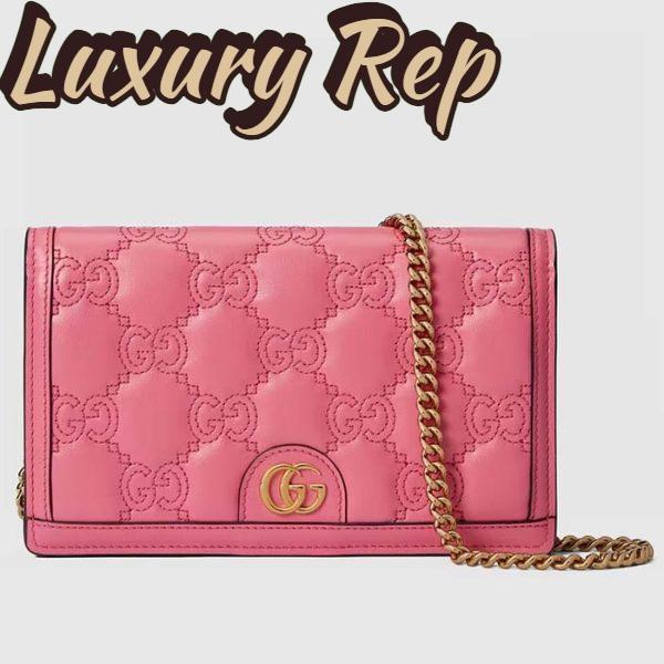 Replica Gucci Women GG Matelassé Chain Wallet Pink Leather Double G Chain Strap 2