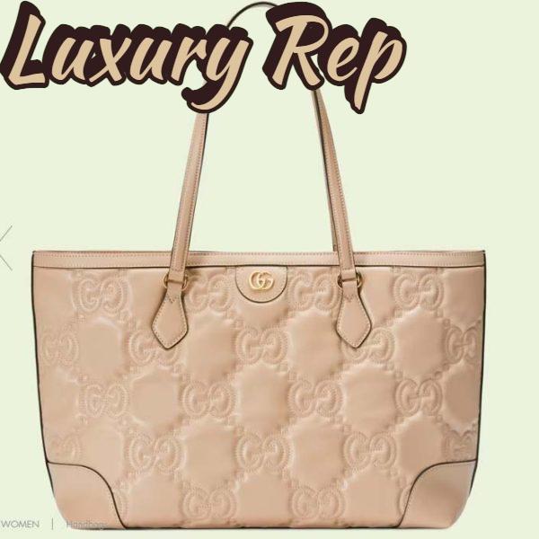 Replica Gucci Women GG Matelassé Leather Medium Tote Beige Matelassé Chevron Double G