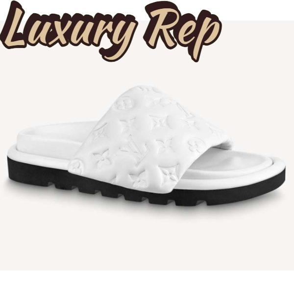Replica Louis Vuitton LV Unisex Pool Pillow Flat Comfort Mule White Monogram Embossed Lambskin