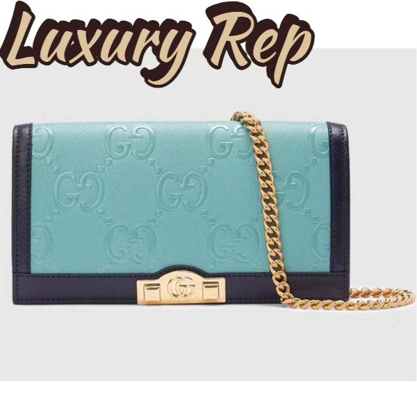 Replica Gucci Women GG Wallet Chain Light Blue GG Leather Dark Blue Double G