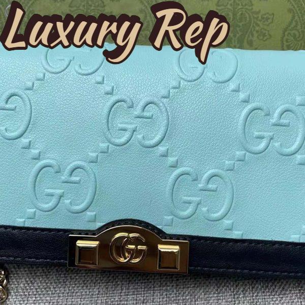 Replica Gucci Women GG Wallet Chain Light Blue GG Leather Dark Blue Double G 7
