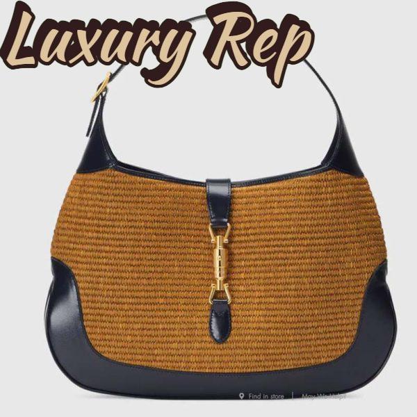 Replica Gucci Women Gucci Camel Straw Effect Fabric with Blue Leather 2
