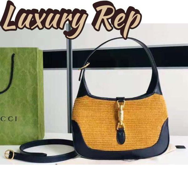 Replica Gucci Women Gucci Camel Straw Effect Fabric with Blue Leather 3